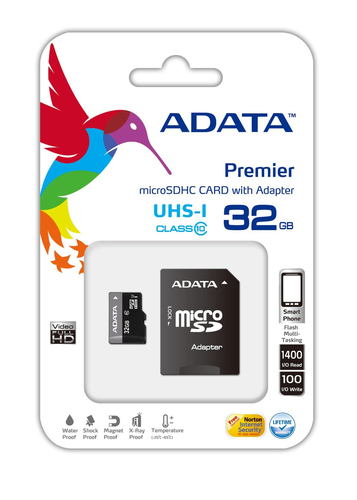 ADATA Premier microSDHC UHS-I U1 Class10 32GB, 32 GB, MicroSDHC, Class 10, 30 MB/s, 10 MB/s, Black, Grey
