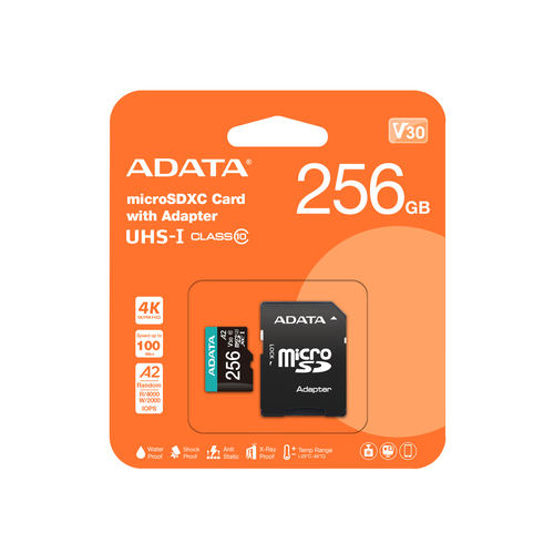 ADATA Premier Pro, 256 GB, MicroSDXC, Class 10, UHS-I, 100 MB/s, 80 MB/s