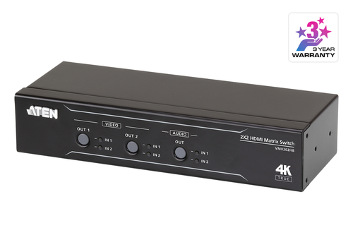 ATEN VM0202HB, AV matrix switcher, 18 Gbit/s, 4096 x 2160 pixels, 4096 x 2160, 3840 x 2160, Black, Metal