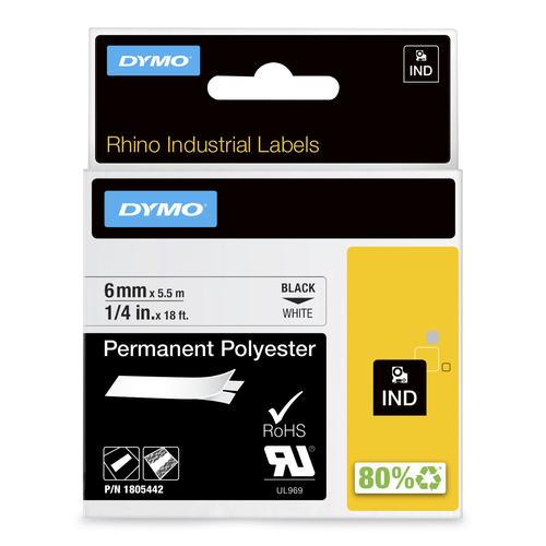 DYMO Rhino Industrial Permanent Polyester Labels, 1/4", Black Print on White Tape, Black on white, Multicolour, Polyester, -40 - 150 °C, UL 969, DYMO