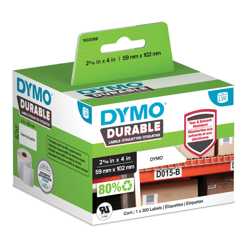 DYMO LW Durable Industrial Labels for LabelWriter Label Printers, White Poly, 2-5/16” x 4”, 1 Roll of 300, White, Self-adhesive printer label, Polypropylene (PP), Permanent, Rectangle, -18 - 50 °C