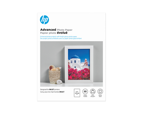 HP Advanced Photo Paper, Glossy, 65 lb, 5 x 7 in. (127 x 178 mm), 60 sheets, Gloss, White, 60 sheets, Works with inkjet printers, optimized for Original HP Ink, 15 - 30 °C, 0 - 40 °C