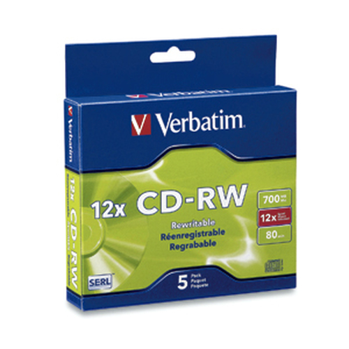 Verbatim CD-RW 80MIN 700MB 4X-12X High Speed Branded 5pk Slim Case, 12x, CD-RW, 120 mm, 700 MB, Slimcase, 5 pc(s)