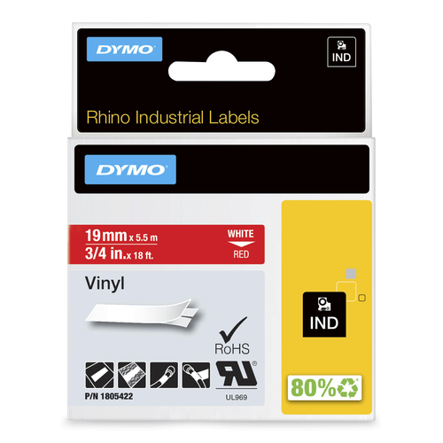 DYMO Rhino Industrial Vinyl Labels, 3/4", White Print on Red Tape, White on red, Multicolour, Vinyl, -40 - 80 °C, UL 969, DYMO