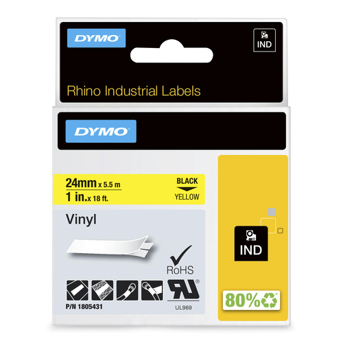 DYMO Rhino Industrial Vinyl Labels, 1", Black Print on Yellow Tape, Black on yellow, Multicolour, Vinyl, -40 - 80 °C, UL 969, DYMO