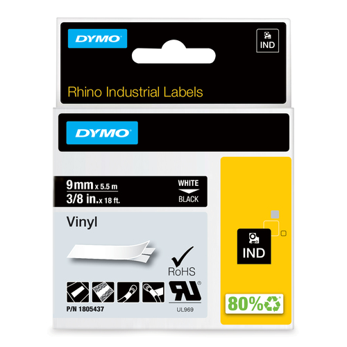 DYMO Rhino Industrial Vinyl Labels, 3/8", White Print on Black, Self-Adhesive, for LabelManager & Rhino Label Makers, White on black, Multicolour, Vinyl, -40 - 80 °C, UL 969, DYMO