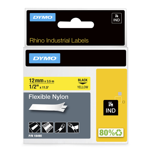 DYMO Rhino Industrial Flexible Nylon Labels, 1/2" x 11.5', Black Print on Yellow Tape, Black on yellow, Multicolour, Nylon, -10 - 80 °C, UL 969, DYMO